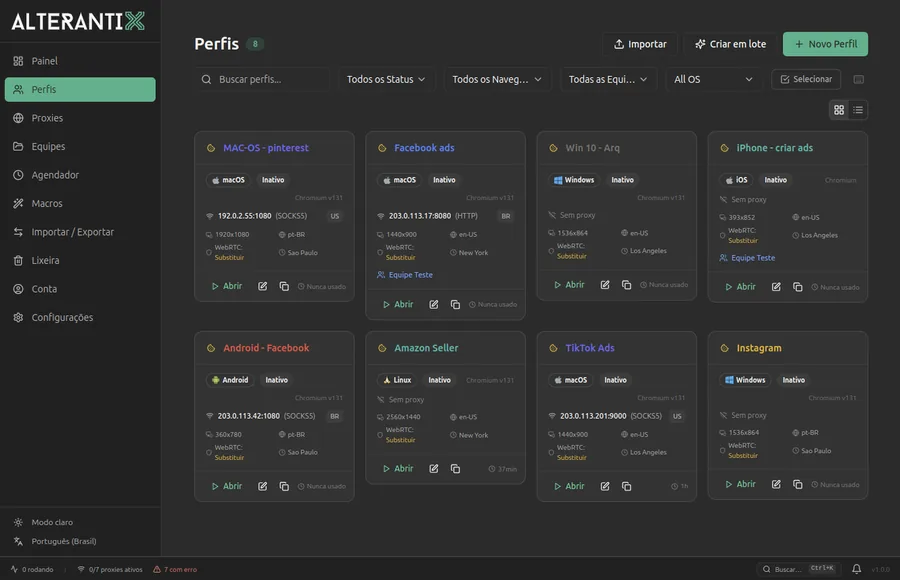 Perfis do AlterAntiX, cada um com fingerprint e proxy próprios